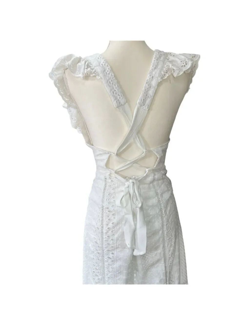 Free People Mikayla White Eyelet Lace Ruffle Jumpsuit Boho Chic Open Back SZ XS - Picture 7 of 13